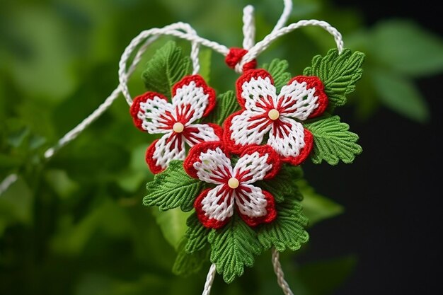 Embroidery on a green background with white daisies