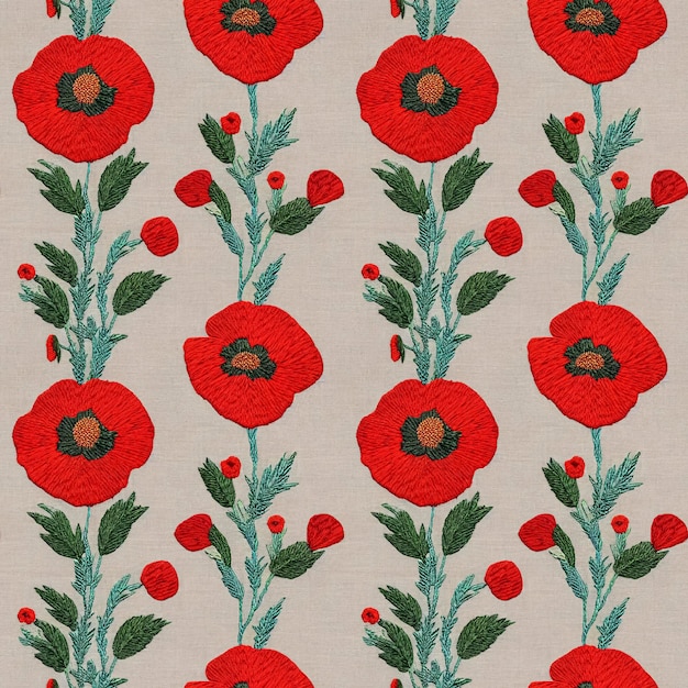 Embroidery poppies seamless pattern Vintage style flower repeating fabric background Generative AI