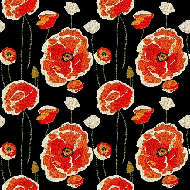 Embroidery poppies seamless textile pattern
