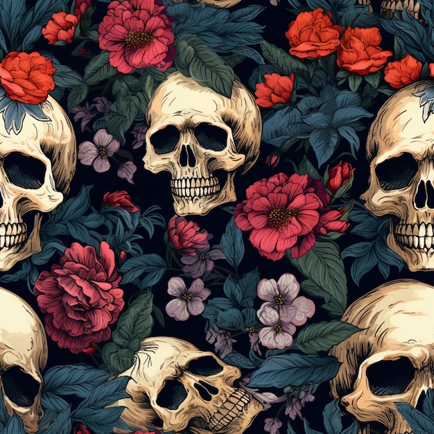 Embroidery skull with florals seamless pattern