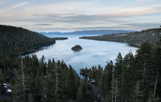 Emerald Bay on Lake Tahoe with snow on mountains