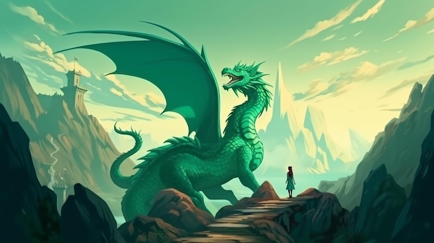 Emerald dragon man and young woman in the mountains fantasy world 1