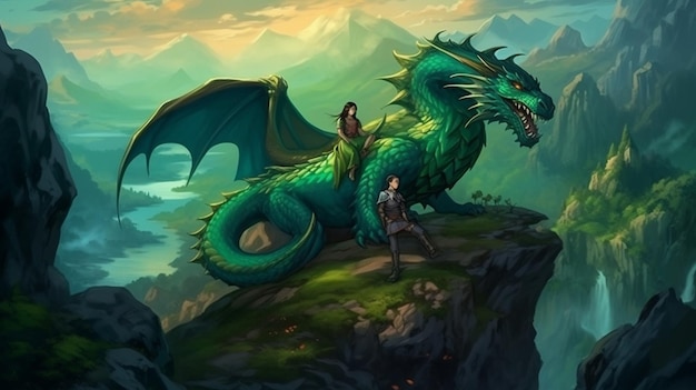 Emerald dragon man and young woman in the mountains fantasy world 8