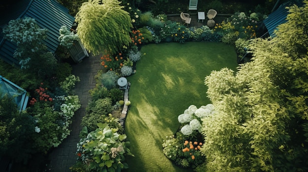 Photo emerald garden a dreamy aerial view of a cottagepunk courtyard