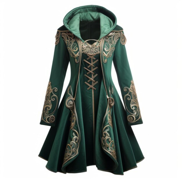 Foto cappotto da donna cybersteampunk verde smeraldo con ricamo dorato