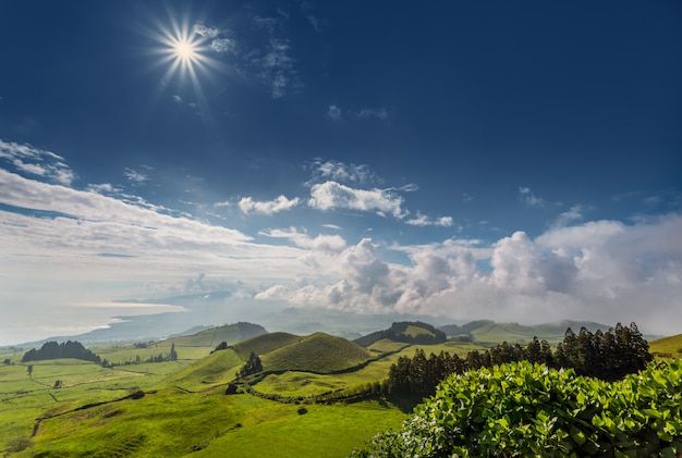 Emerald green hills of island san miguel. azores. portugal