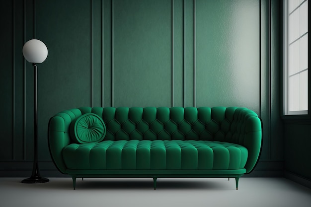 Emerald green mattress sofa with knot pillow on a designer