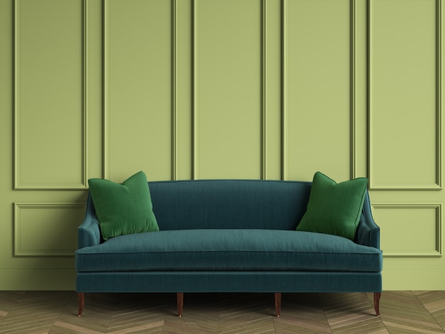 Emerald green sofa with green pillows in classic interior with copy space. Green walls with mouldings. Floor parquet herringbone.  3d rendering