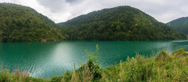 Изумрудно-зеленая вода в реке на фоне лесных гор
