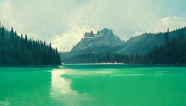 Emerald lake canada blue water mountain pine trees sunny sky