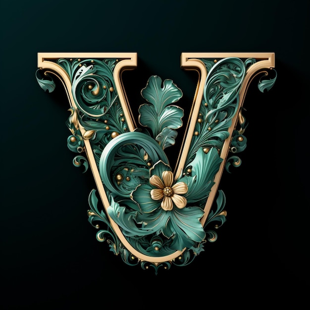 Emerald letter with ornate floral and botanical details