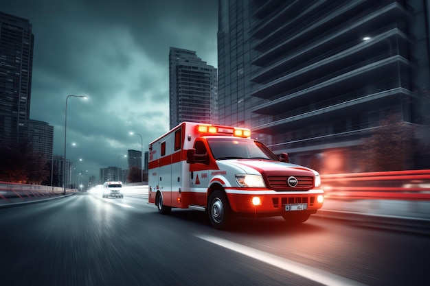 Photo emergency ambulance car fast driving on night city downtown district with motion blur