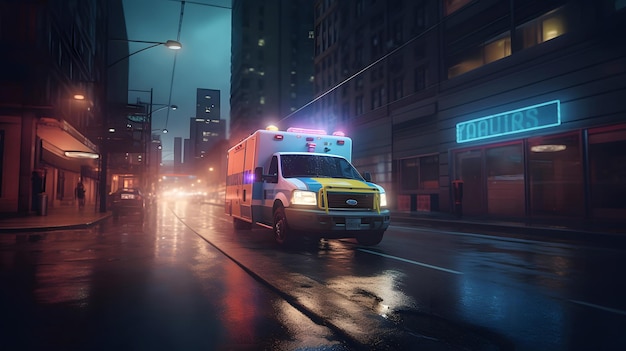 Emergency ambulance car moving fast on night american city downtown district with motion blur neural network generated art