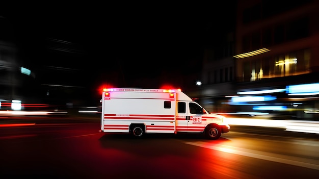 Emergency ambulance car moving fast on night american city downtown district with motion blur neural network generated art