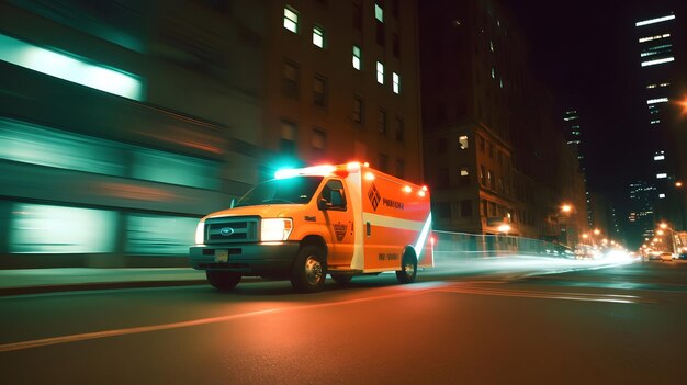 Emergency ambulance car moving fast on night american city downtown district with motion blur neural network generated art
