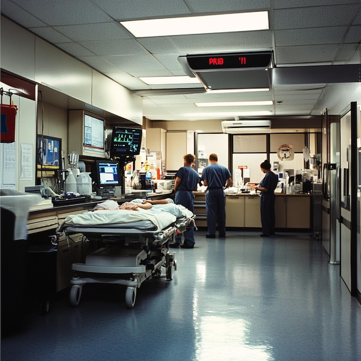Photo an emergency department with staff members performing triage prioritizing patients based on the sev