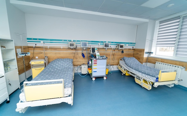 Emergency modern hospital ward. Clean healthcare empty interior.