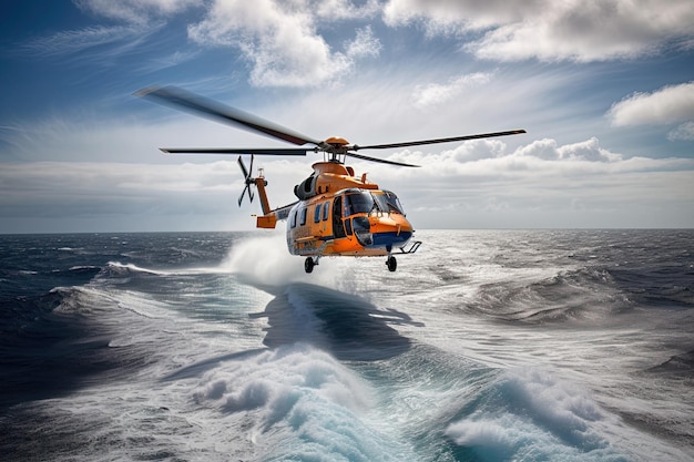 Emergency rescue helicopter flies over sea surface looking for victims after crash Generative AI