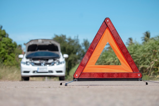 Emergency stop sign and driver near broken car on road. 