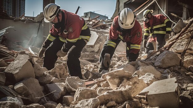 緊急作業員が瓦礫を一緒に取り除く顔なし背面図クローズアップ