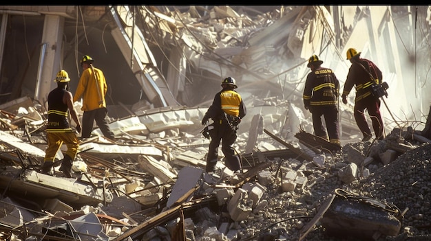 Emergency workers sift through the debris searching for any survivors buried under the ruined