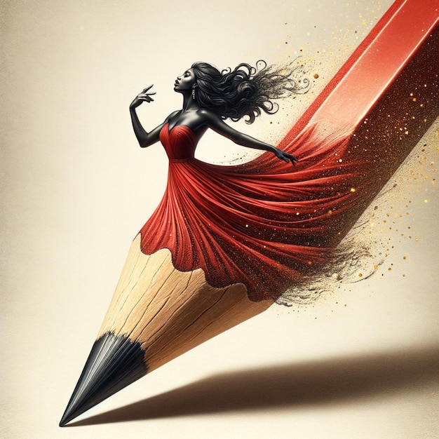 신흥 예술 작품 빨간 드레스를 입은 여자가 연필 끝에서 나타납니다.