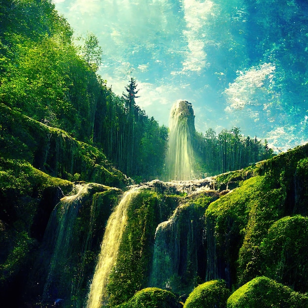 emerging giant waterfall in the green forest