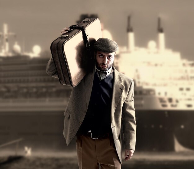 emigrant man with the suitcases with a transatlantic ship behind