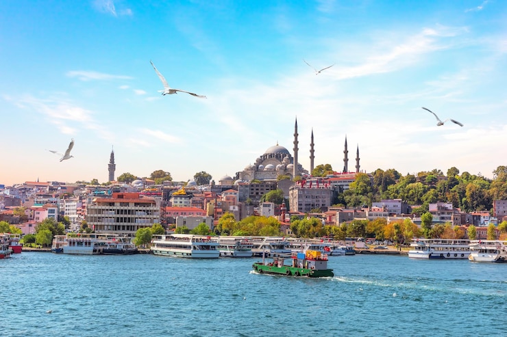 Photo eminonu pier and suleymaniye mosque in istanbul turkey