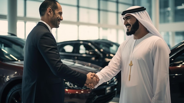 Emirati businessman in UAE's traditional talking handshake with a dealer in the car showroom