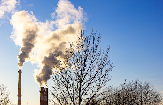 Emission of smoke and vapors from the chimney of an industrial plant into the environment