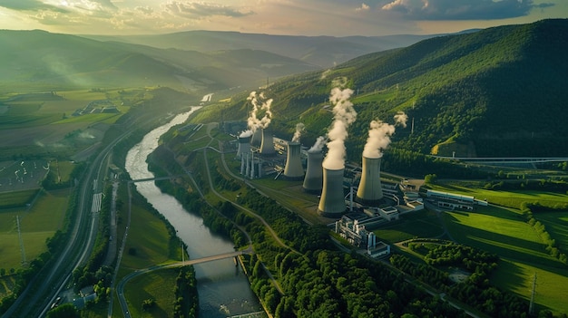 Foto una ondata di emissioni provenienti da torri di raffreddamento in una centrale elettrica industriale in mezzo