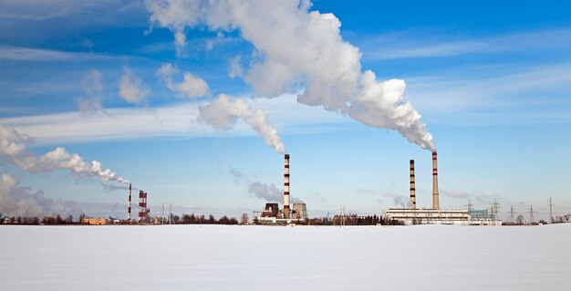 Emissions of industrial enterprises in the frosty winter day.