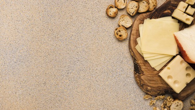 emmental cheese gouda cheese with slices coaster with bread slices walnut beige textured backdrop High quality beautiful photo concept