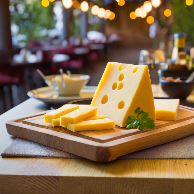 Emmental cheese on a wooden board on a table in a cafe