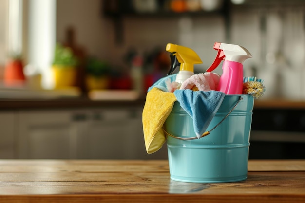 Emmer met reinigingsmiddelen op een houten tafel