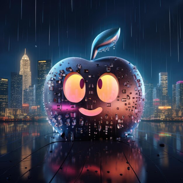 an emoji cyber peach with a city background neon lights and rain generative ai