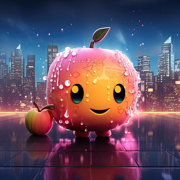 an emoji cyber peach with a city background neon lights and rain generative ai