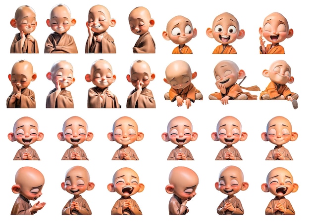 Photo emoji emoticon set of little monk character multiple poses and expression