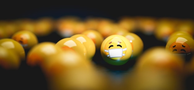 Emoji emoticons with face masks Covid19 coronavirus concept 3D render balls cartoon heads