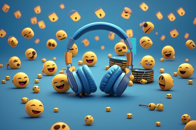 Emoji met koptelefoon en muziek 3D-weergave op blauwe achtergrond
