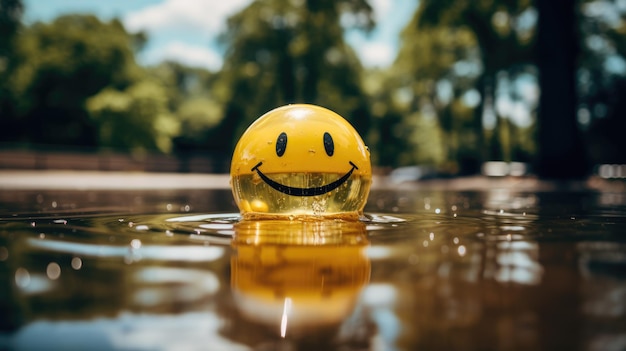 An emoji object submerged in water creating a mesmerizing reflection