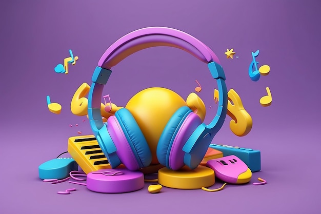 Фото Эмоджи с наушниками и музыкой 3d на фиолетовом фоне