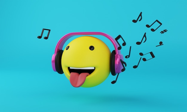 Emoji с наушниками и музыкой 3d-рендеринга на синем фоне