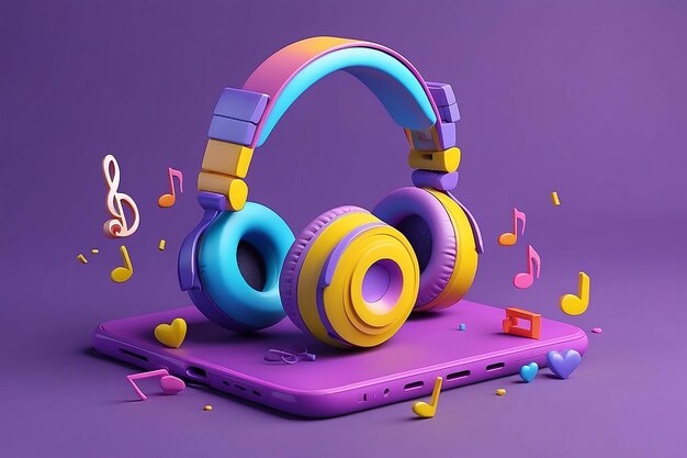 Emoji with headphone and music 3d render on purple background