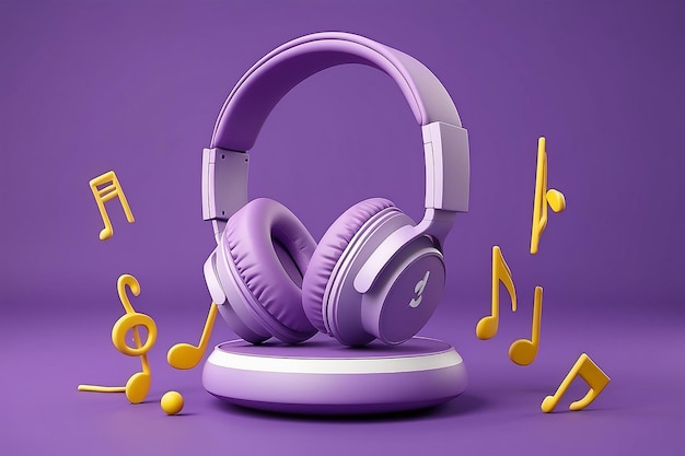 Emoji with headphone and music 3d render on purple background