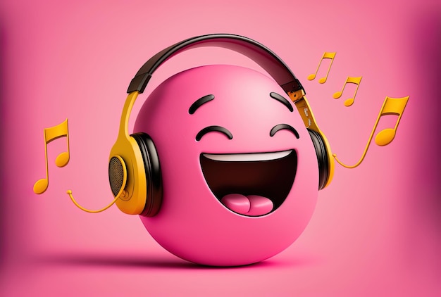 Emoji with music playing and a headphone on a bright pink backdrop