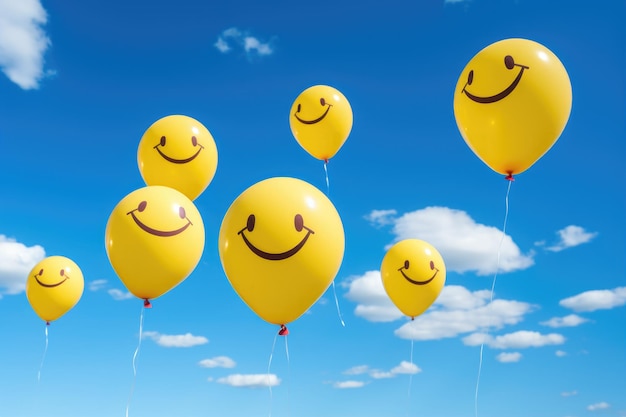 Foto palloncini a forma di emoji che galleggiano in un cielo blu limpido