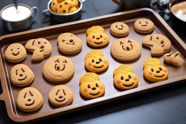 Emojishaped cookies on a baking tray