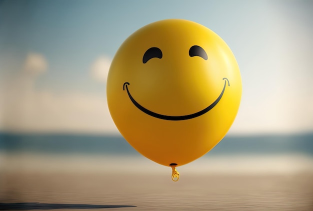 Emoticon of a happy face floating a balloon